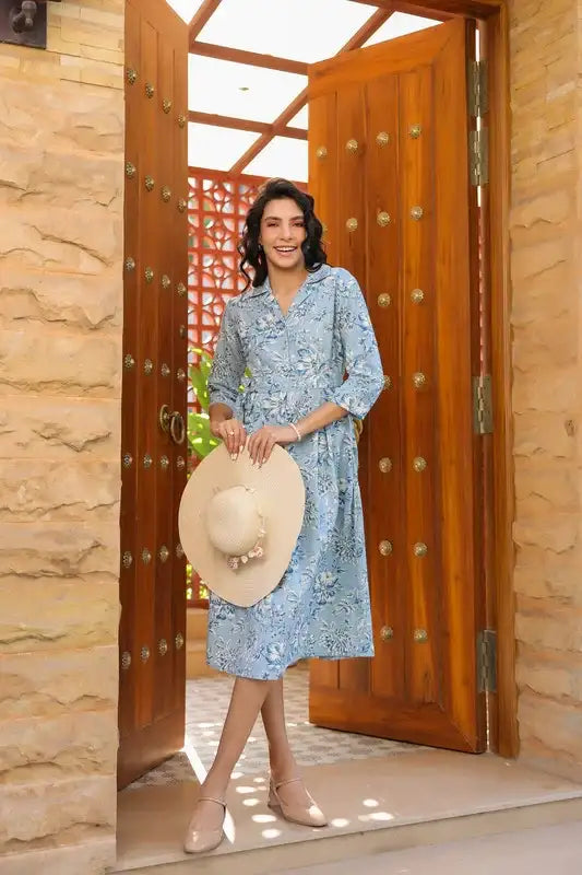 Powder Blue Floral Charm Cotton Flex Dress