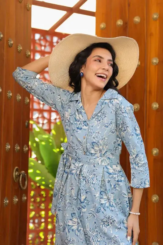Powder Blue Floral Charm Cotton Flex Dress