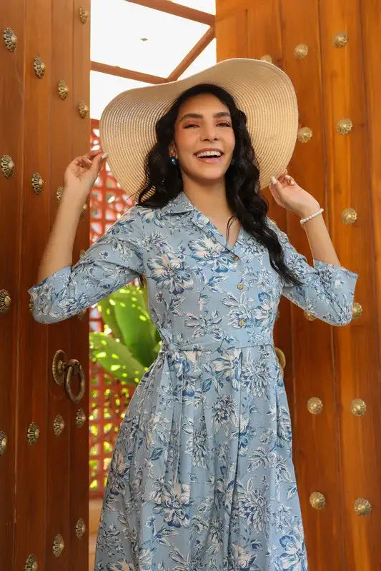 Powder Blue Floral Charm Cotton Flex Dress