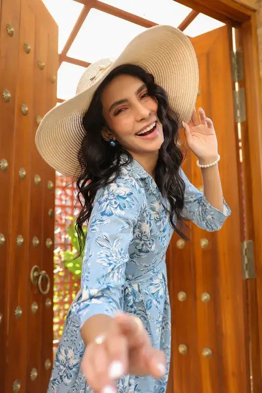 Powder Blue Floral Charm Cotton Flex Dress