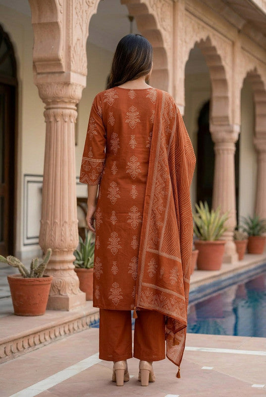 Rust Ethnic Printed Cotton Straight Kurta Pant Set with Dupatta