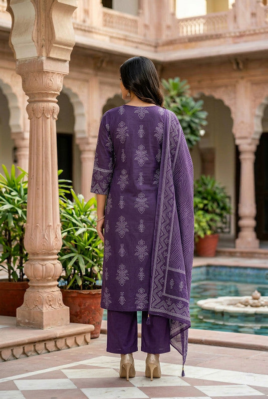 Royal Purple Heritage Printed Cotton Kurta Set with Dupatta