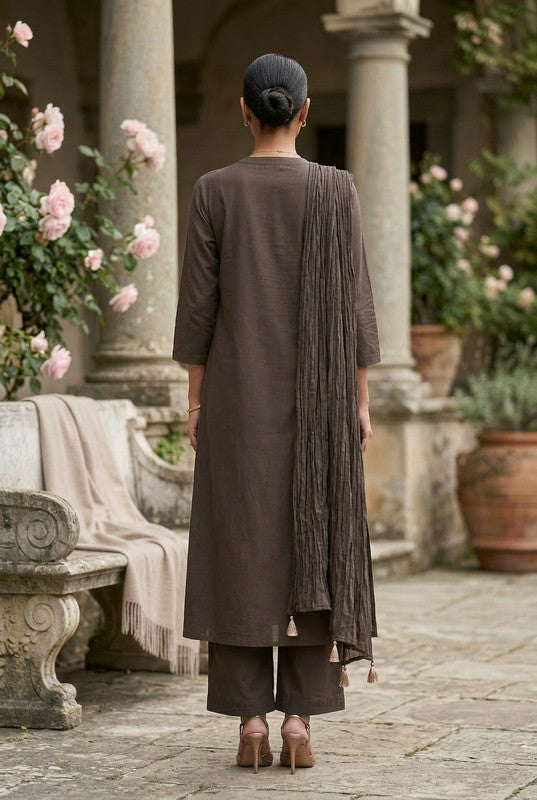 Brown Floral Embroidered Ethnic Cotton Kurta Pant with Matching Dupatta