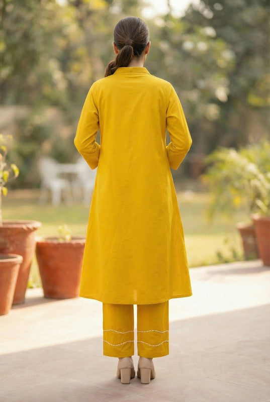 Mustard Embroidered Tulip Floral Threadwork Two-Piece Cotton Co-ord Set