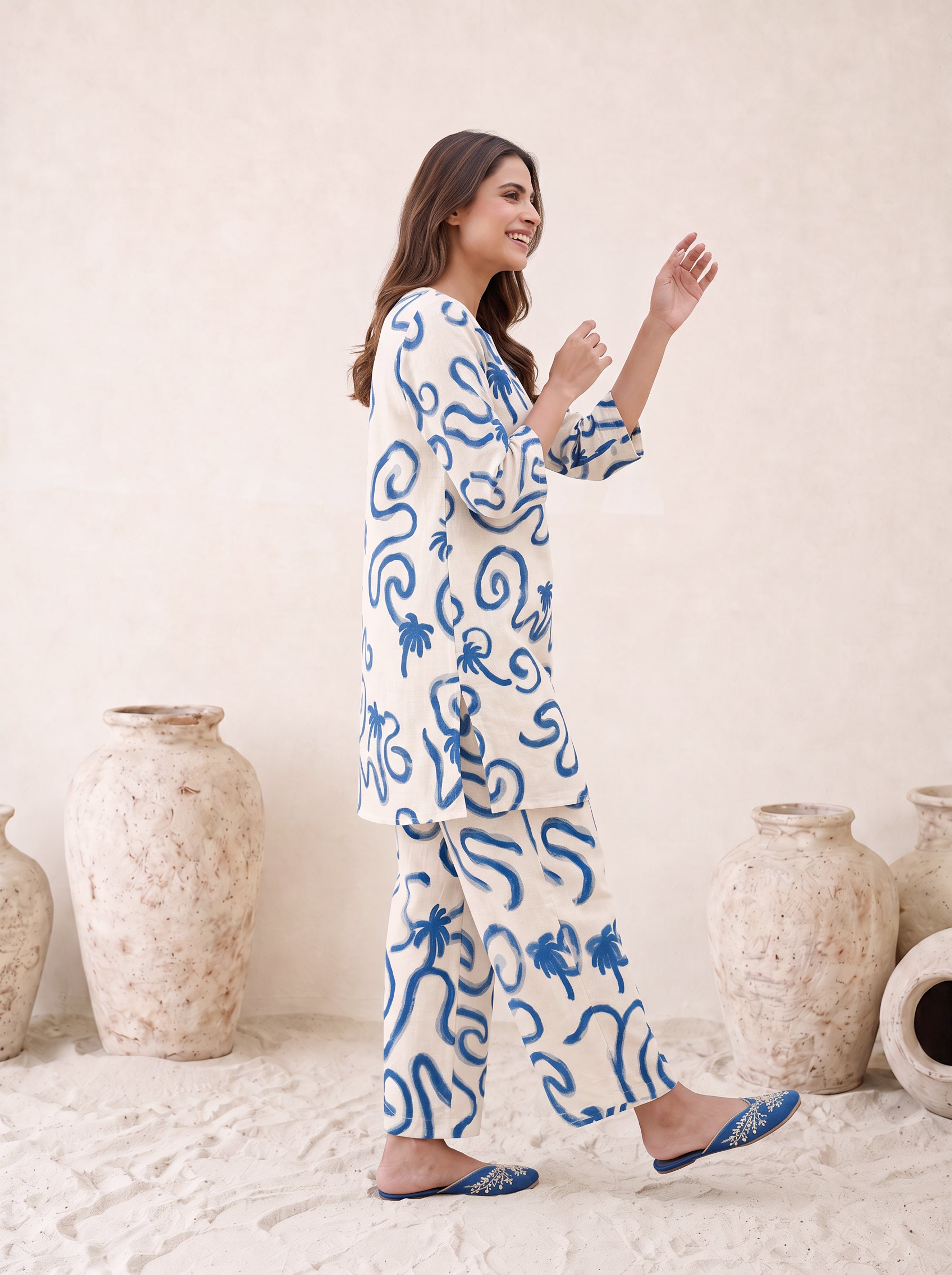 Off White Blue Wave Print Cotton Flex Co-ord Set