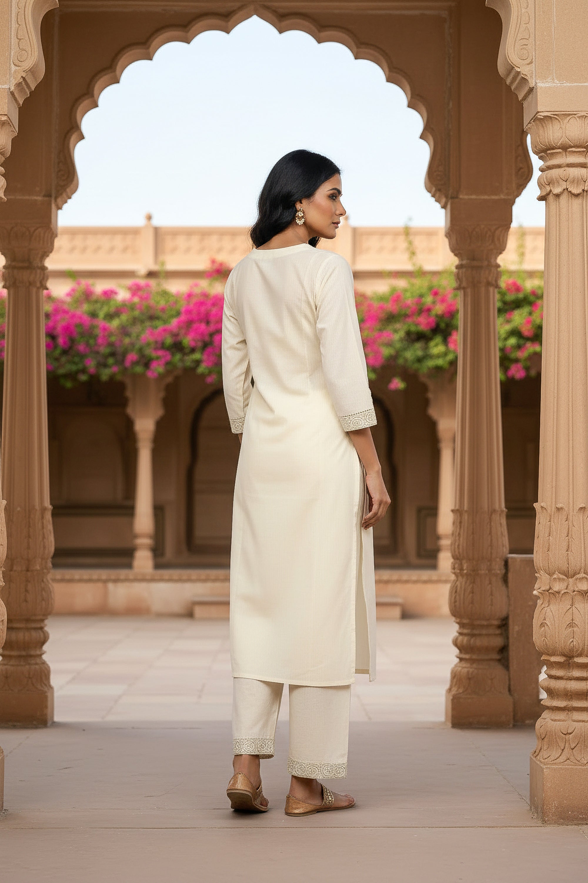 Graceful Ivory Floral Printed Kurta Set with Lace Border Detailing