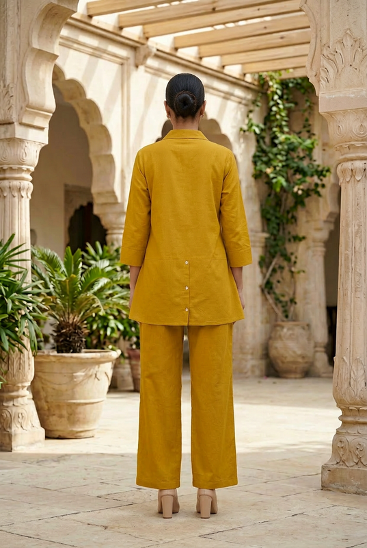 Mustard Nature Leaf Embroidered Two-Piece Cotton Co-ord Set