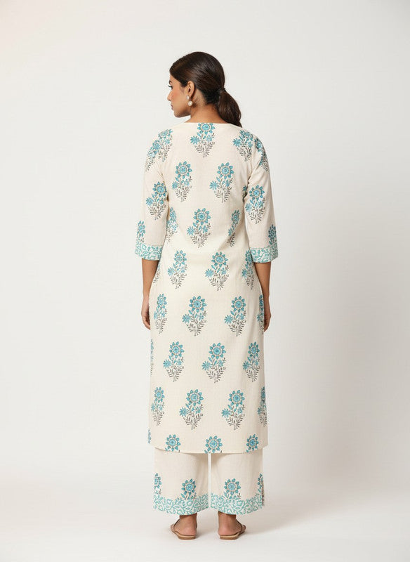 Cream & Aqua Floral Printed Straight Kurta with Palazzo Pants