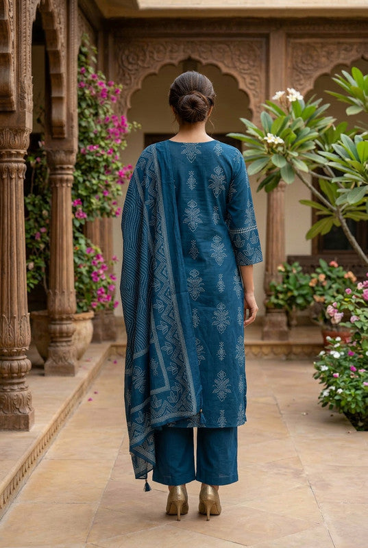Jaipur Blue Handcrafted Printed Cotton Kurta Set with Tassel Dupatta