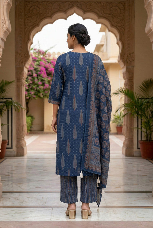 Blue Paisley Ajrakh Inspired Cotton Printed Kurta Set with Dupatta