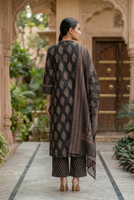 Black Ajrakh Inspired Printed Cotton Kurta Pant Dupatta Set