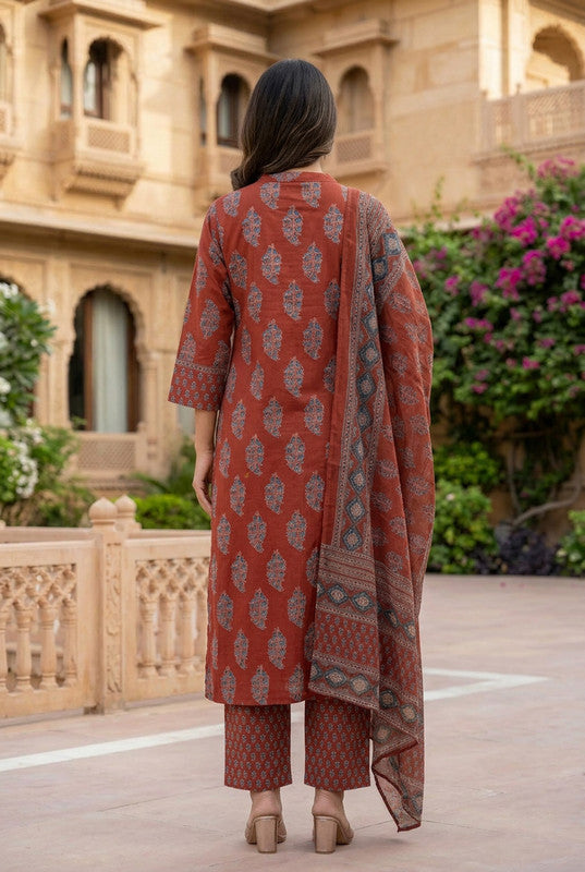 Maroon Traditional Occasionwear Printed Cotton Kurta Set with Dupatta