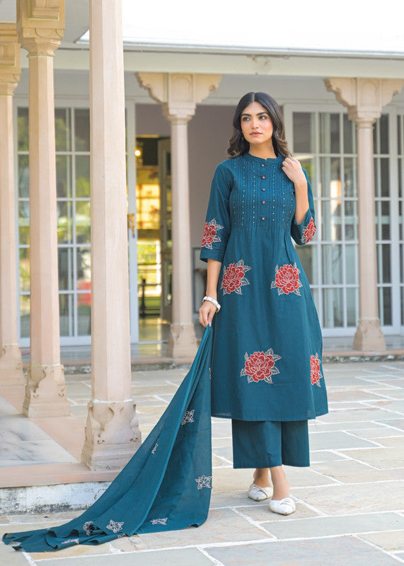 Graceful Teal Blue Embroidered Kurta Set with Dupatta