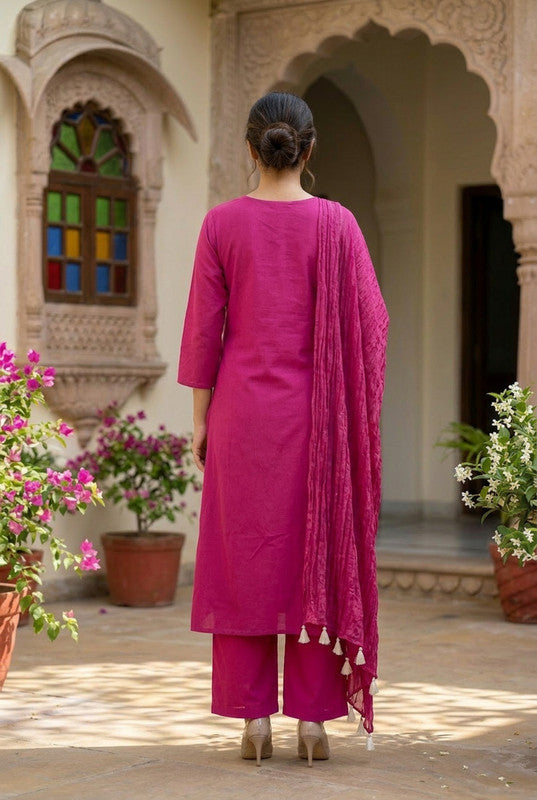 Pink Floral Bloom Embroidered Ethnic Cotton Kurta Set with Dupatta