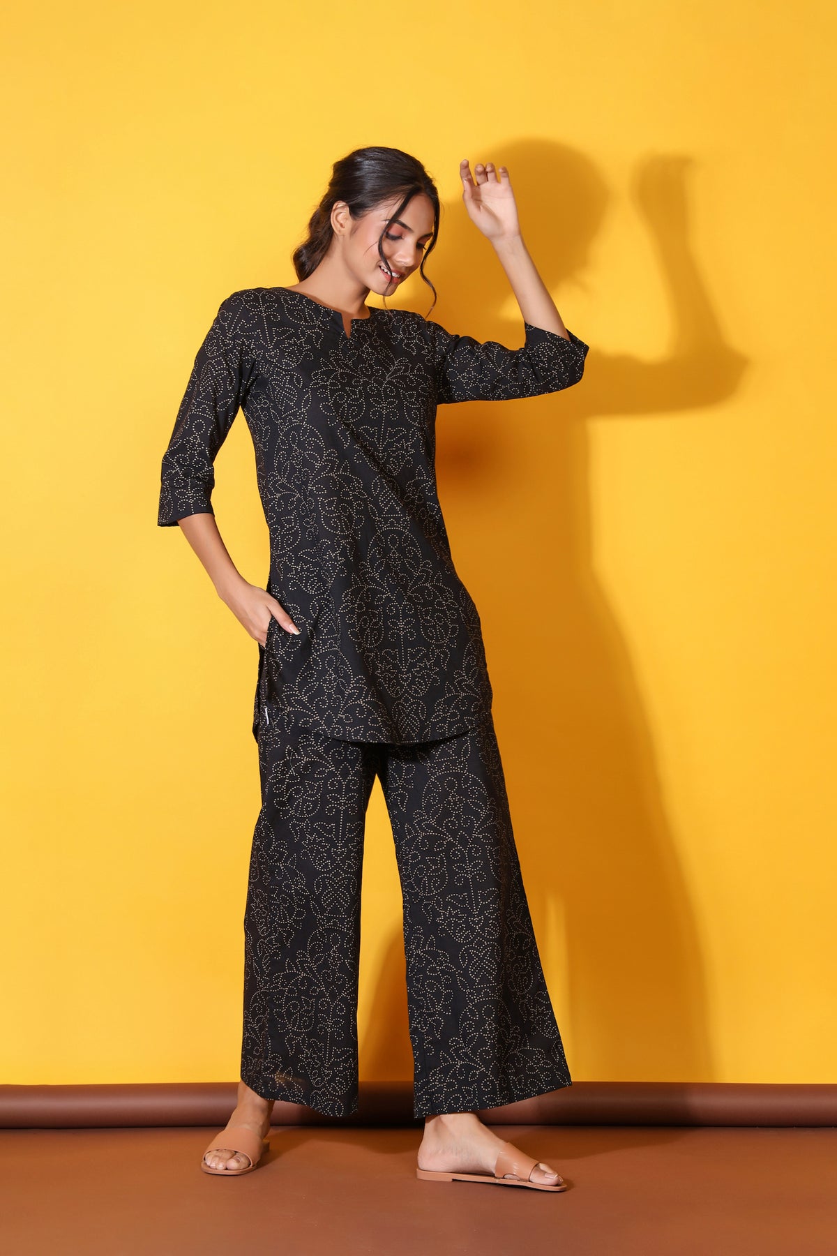 Floral Bandhani Motifs on Black Cotton Loungewear Top Set