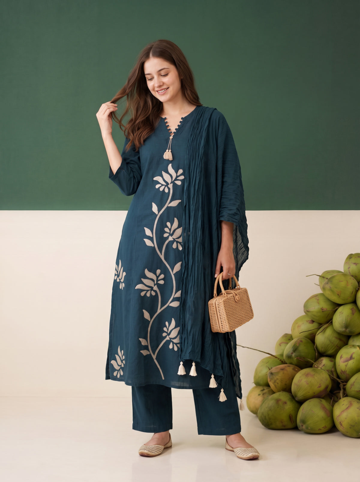 Blue Floral Embroidered Cotton Kurta Set with Dupatta