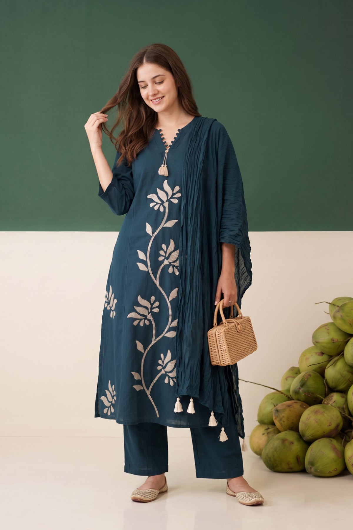 Blue Floral Embroidered Cotton Kurta Set with Dupatta