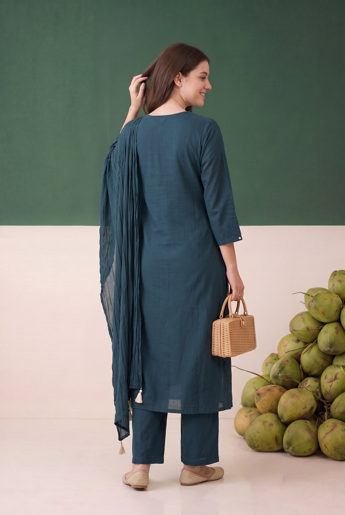 Blue Floral Embroidered Cotton Kurta Set with Dupatta