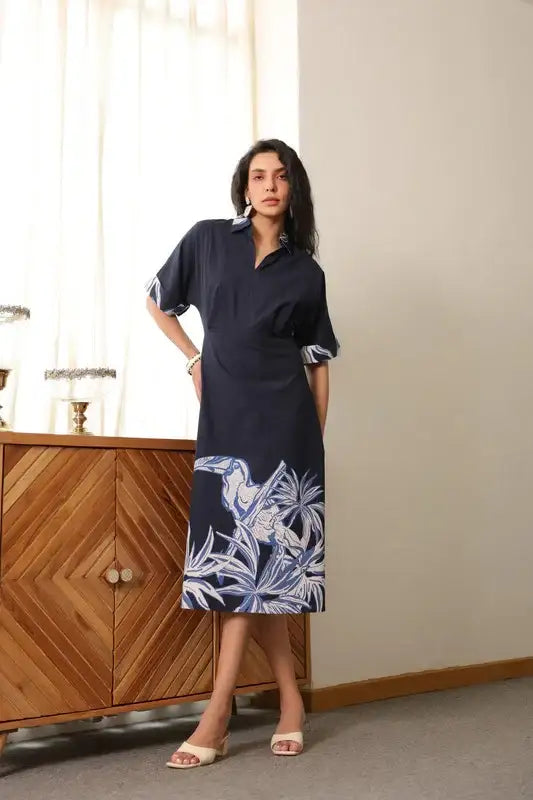 Indigo Birdscape Cotton Dress