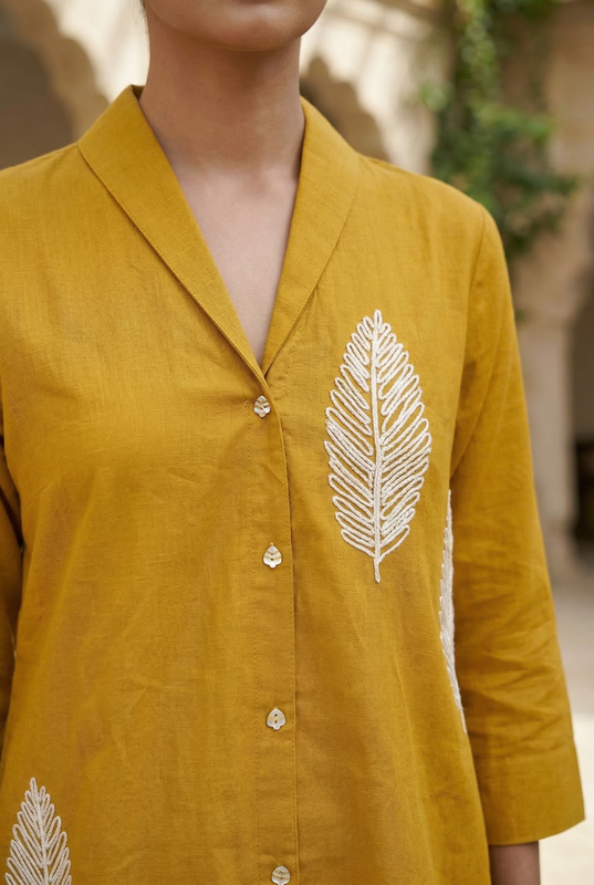 Mustard Nature Leaf Embroidered Two-Piece Cotton Co-ord Set