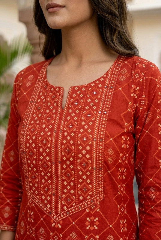 Red Zari Traditional Inspired Cotton Printed Kurta Set with Dupatta
