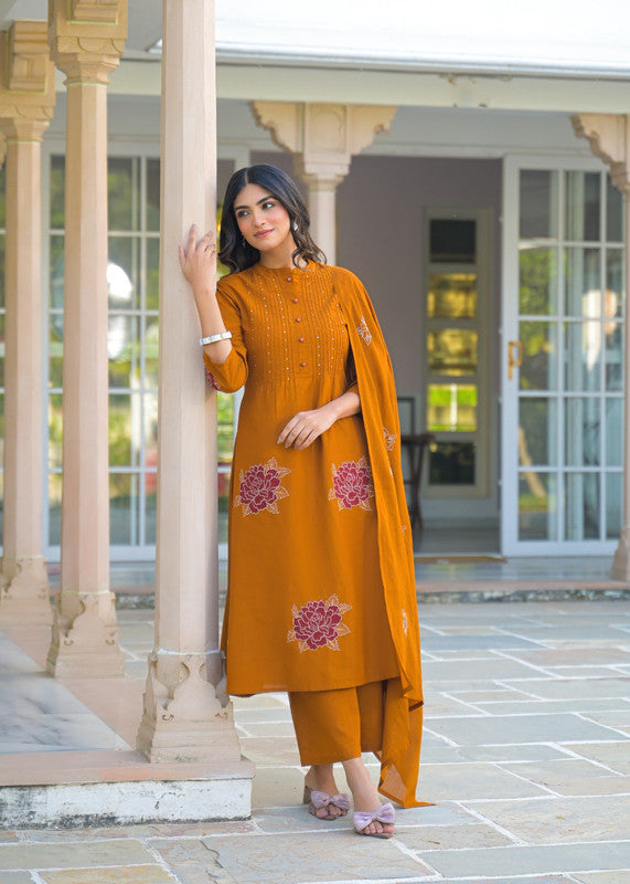 Mustard Ethnic Motif Embroidered Kurta Pant Set with Dupatta