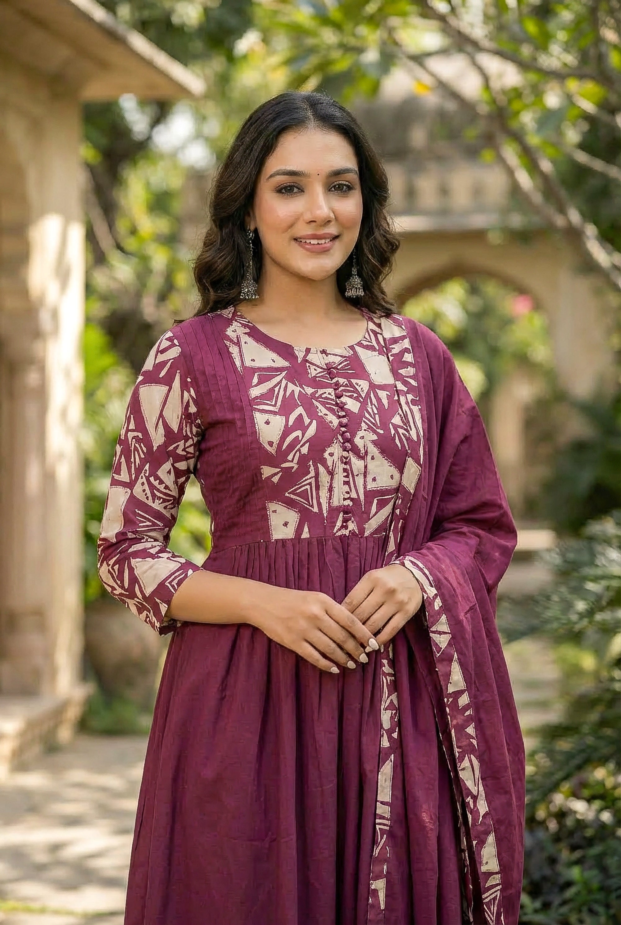 Maroon Printed Cotton Kurta Set with Dupatta