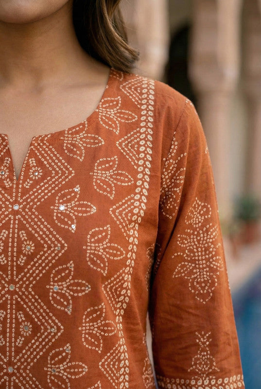 Rust Ethnic Printed Cotton Straight Kurta Pant Set with Dupatta