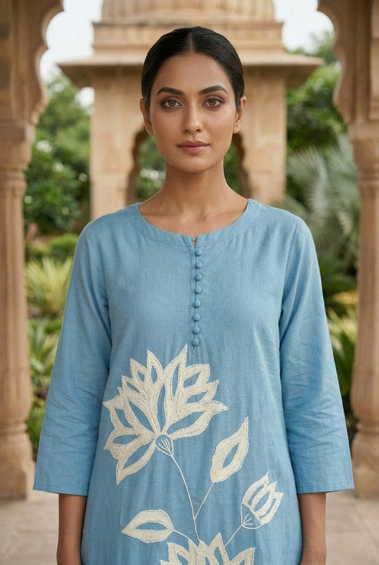 Blue Lotus Placement Embroidered Cotton Kurta Set with Dupatta