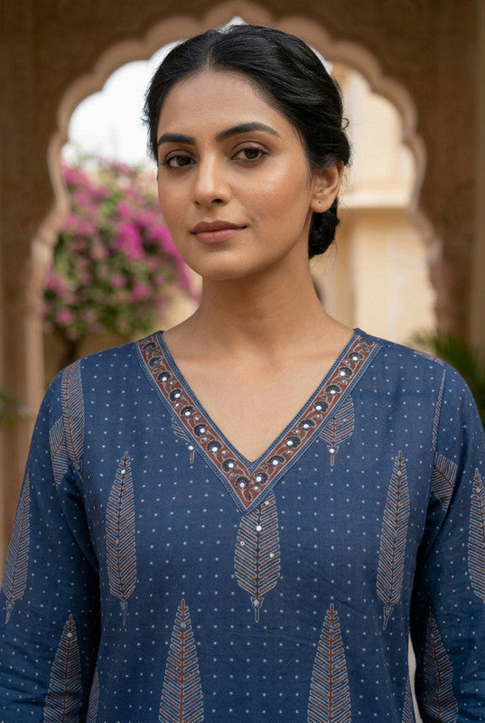 Blue Paisley Ajrakh Inspired Cotton Printed Kurta Set with Dupatta
