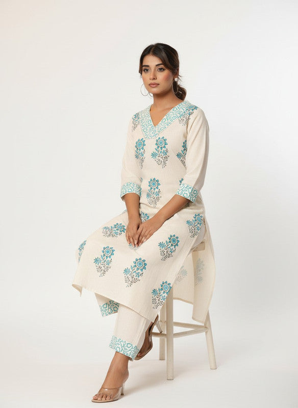 Cream & Aqua Floral Printed Straight Kurta with Palazzo Pants