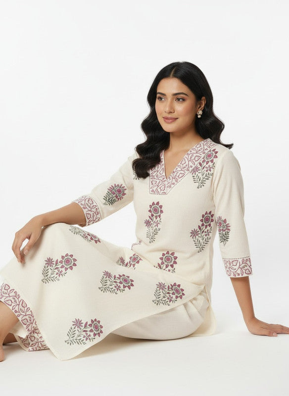 Ivory Floral Printed Ethnic Kurta Palazzo Set with Neck & Cuff Detailing