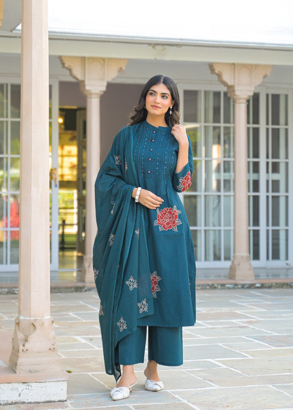 Graceful Teal Blue Embroidered Kurta Set with Dupatta