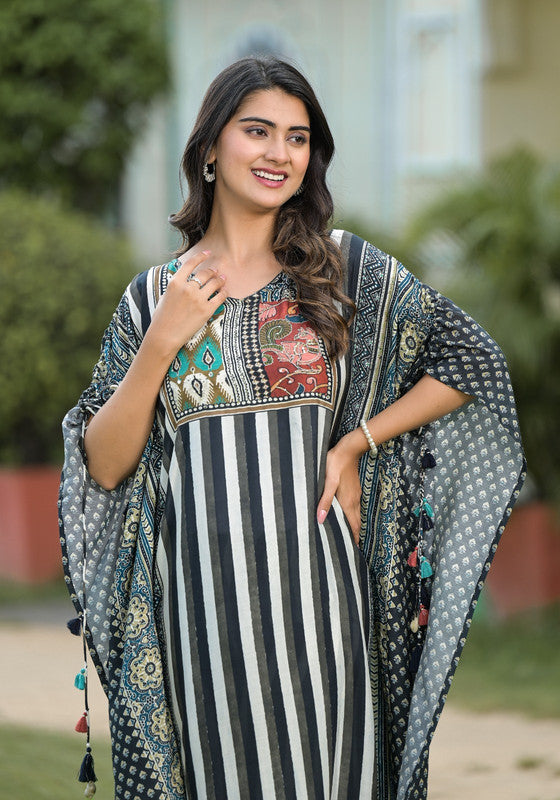 Black & Ivory Striped Printed Kaftan Set