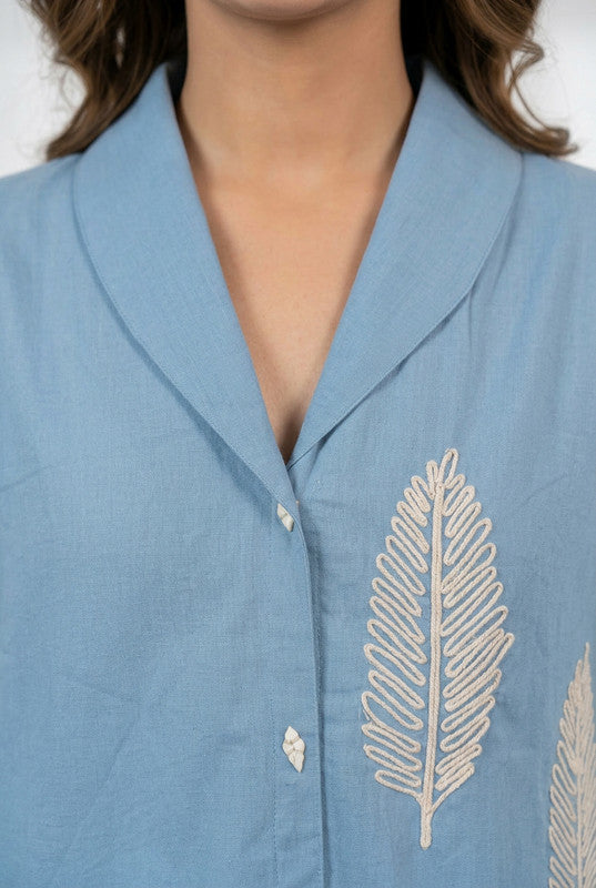 Blue Leaf Motif Embroidered Cotton Flex Relaxed Fit Shirt Style Top