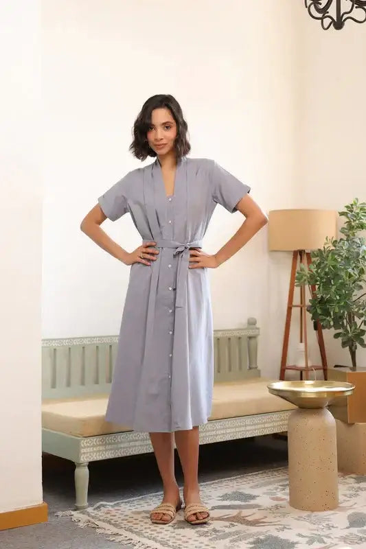 Mist Grey Button-Down Cotton Dress