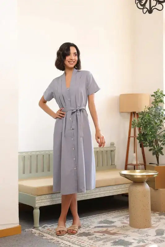 Mist Grey Button-Down Cotton Dress