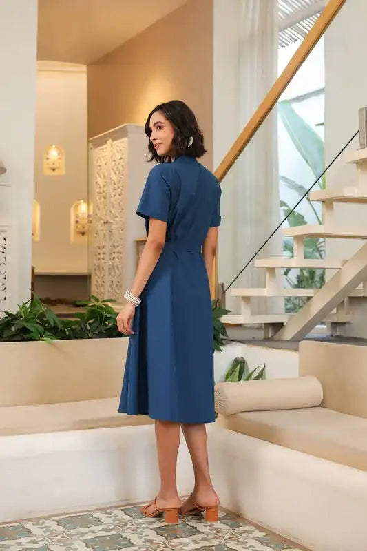 Midnight Breeze Belted Midi Cotton Dress