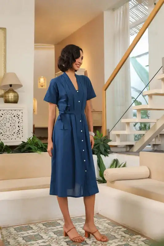 Midnight Breeze Belted Midi Cotton Dress
