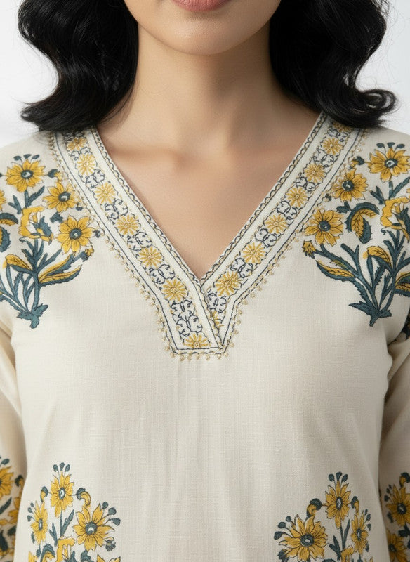 Classic Ivory & Mustard Botanical Printed Kurta Pant Set