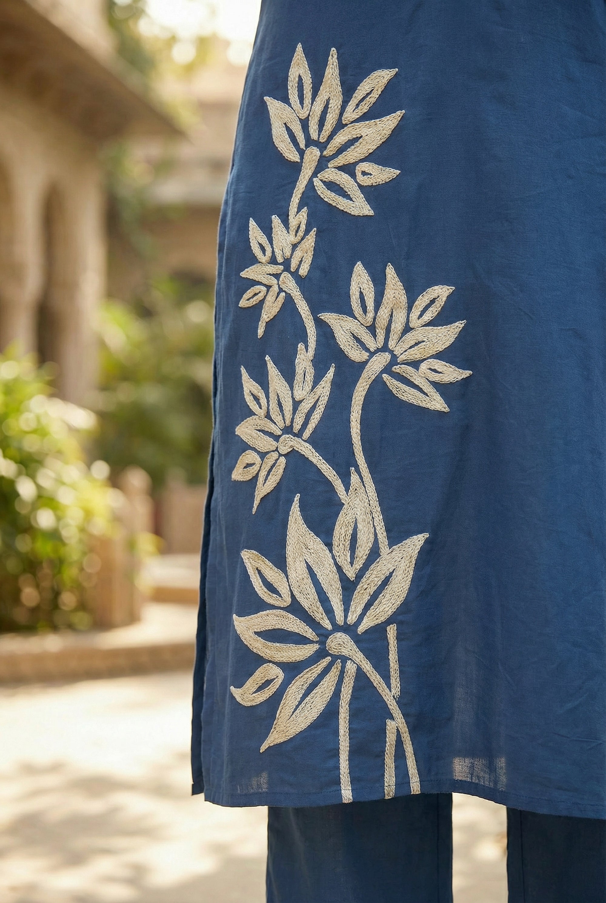 Blue Botanical Nature Leaf Embroidered Cotton Kurta Pant Set with Dupatta