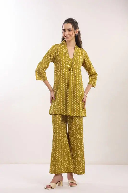 Ethnic Mustard Yellow Printed Cotton Co-ord Set