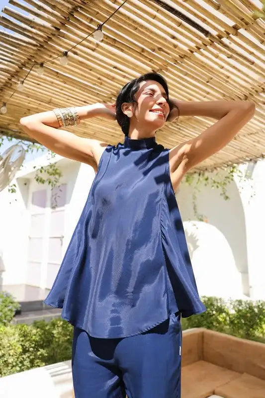 Oxford Blue Sleeveless Russian Silk Co-ord Set