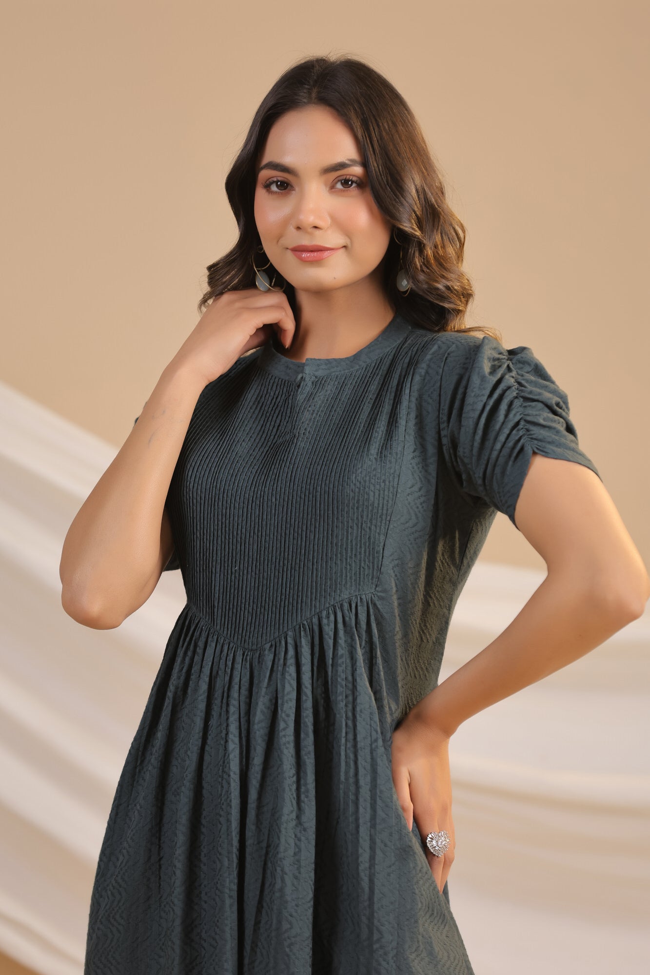 Greige Cotton Flex Pintuck Cotton Flex Dress