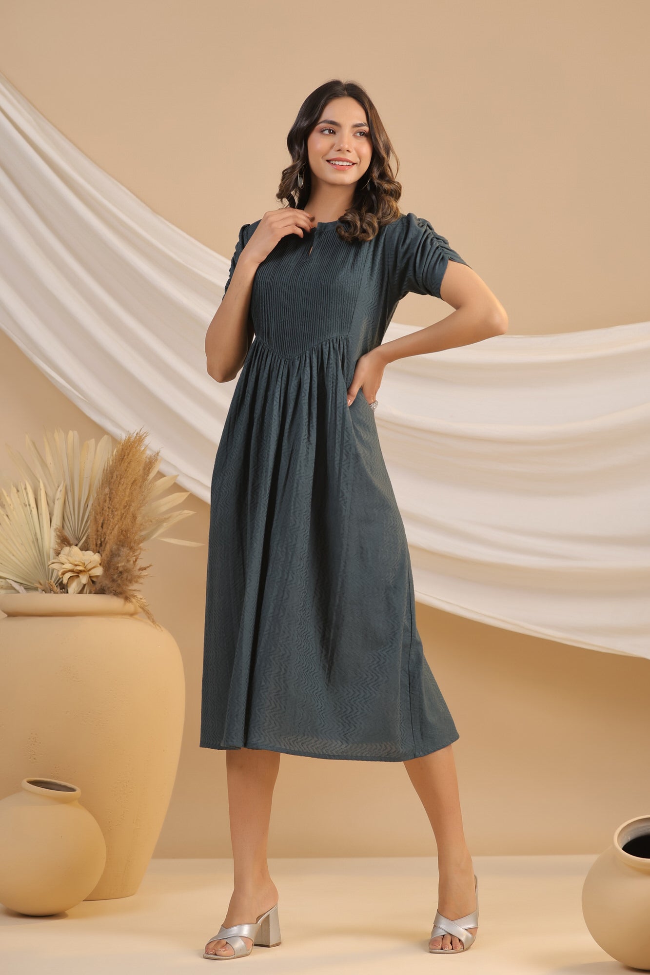 Greige Cotton Flex Pintuck Cotton Flex Dress