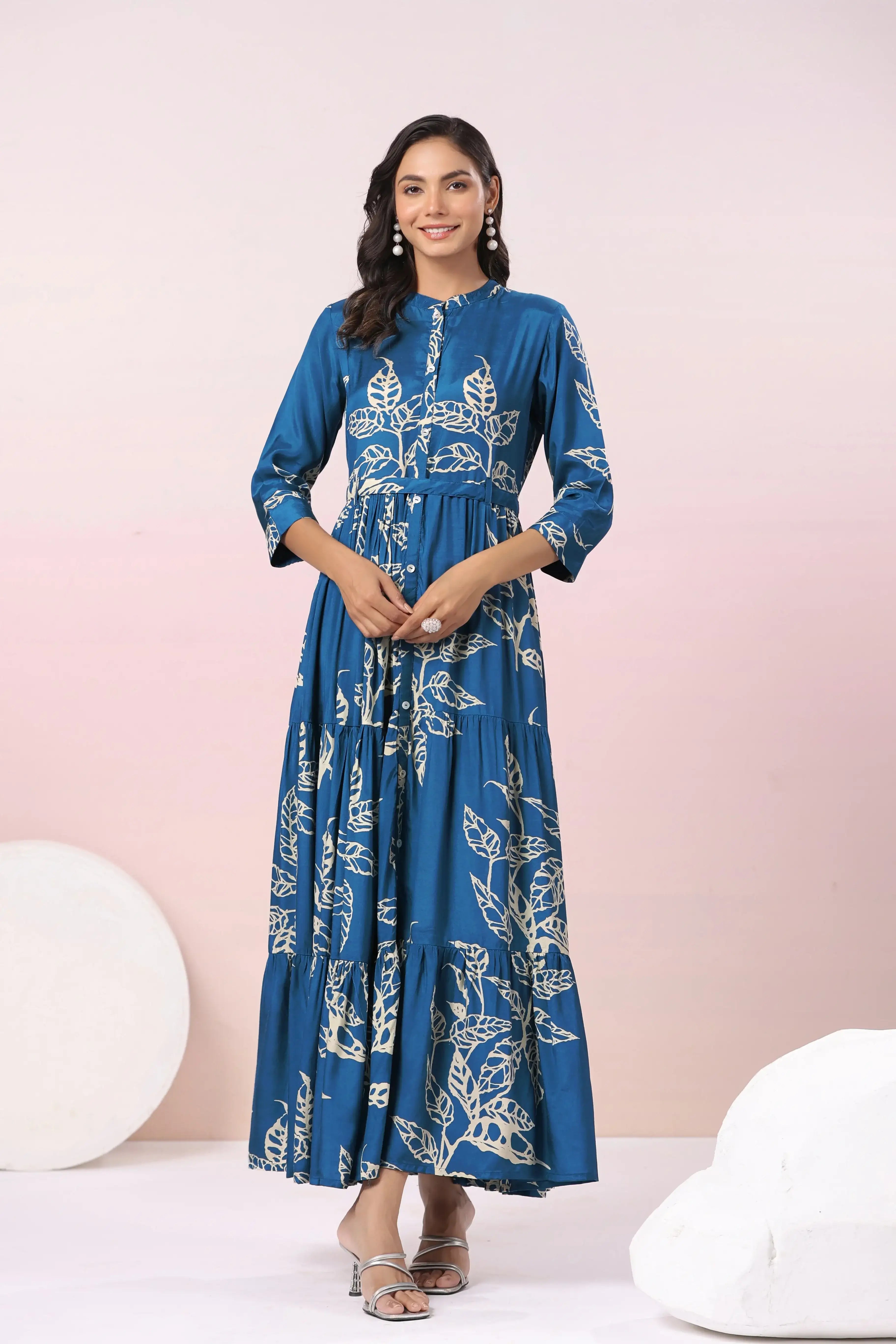 Azure Floral Elegance Russain Silk Dress