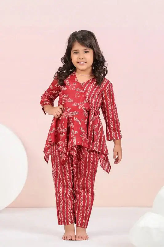Floral Shibori On Maroon Kids Cotton Co-ord Set