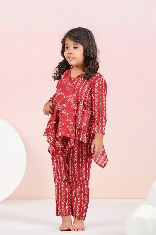 Floral Shibori On Maroon Kids Cotton Co-ord Set