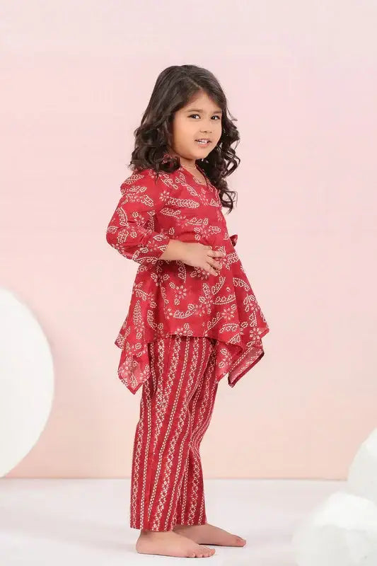 Floral Shibori On Maroon Kids Cotton Co-ord Set
