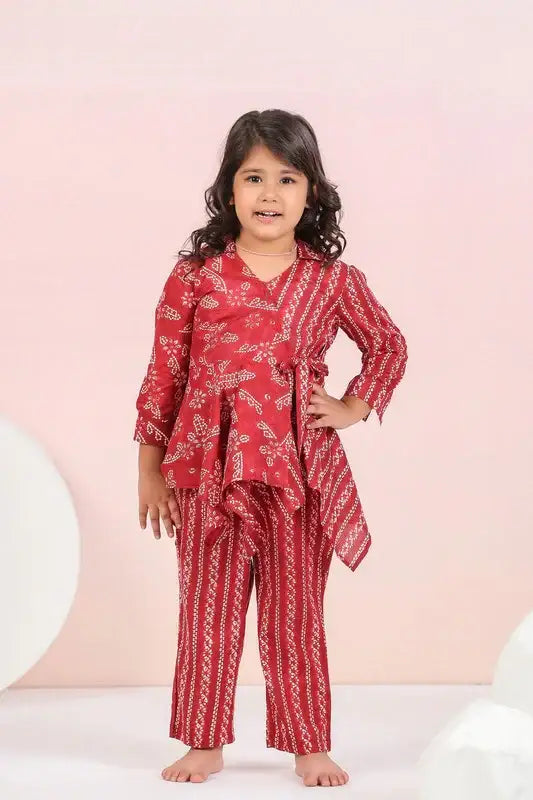 Floral Shibori On Maroon Kids Cotton Co-ord Set
